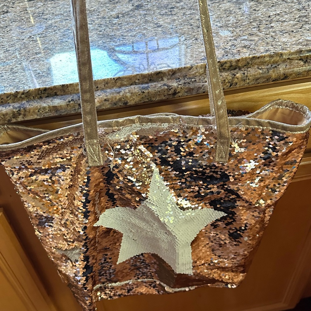 Rose Gold sequin tote bag beach bag with white star